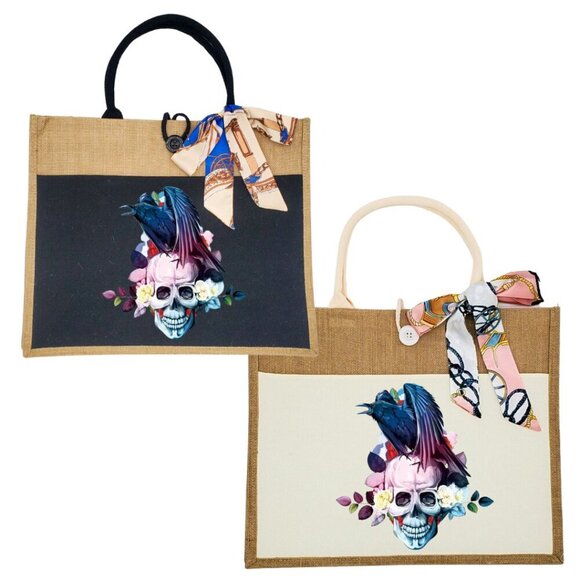 Custom Canvas Tote Bag, Large Size - Skulls Option #3 - Black or Cream Tote - Picture 1 of 14